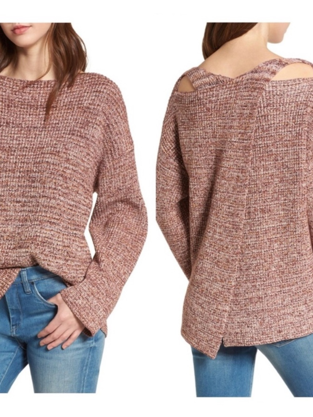 Blank NYC Mauve Marled Open-Back Crew Sweater